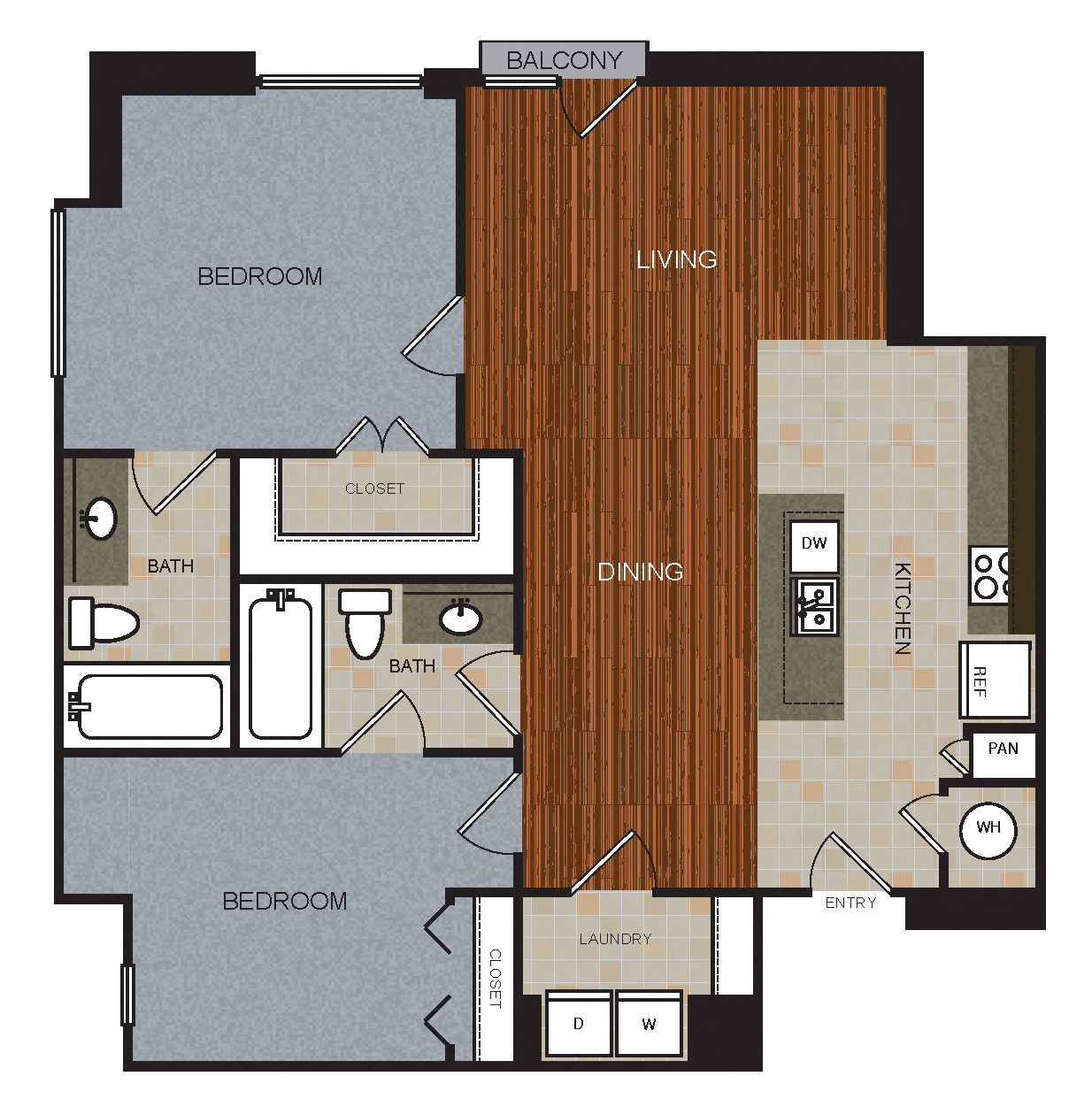 Floor plan for 2 beds, 2 baths, 1238 sqft